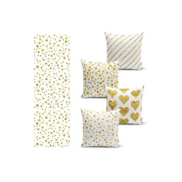 Set 4 povlaků na polštář a běhounu na stůl s příměsí bavlny Minimalist Home World