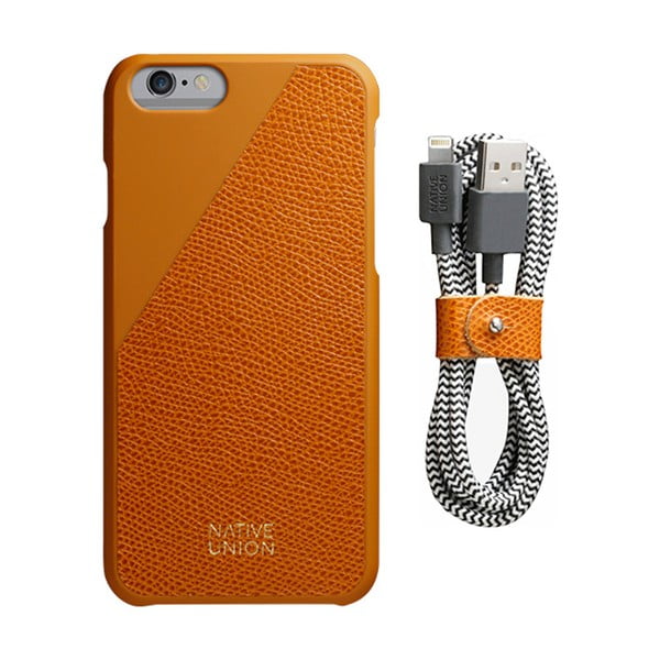 Set oranžového obalu z pravé kůže a nabíjecího kabelu pro iPhone 6 a 6S Plus Native Union Clic Leather Belt