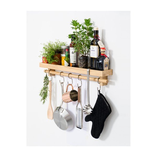 Polička s věšákem na kuchyňské nástroje z dubového dřeva Wireworks-image-2