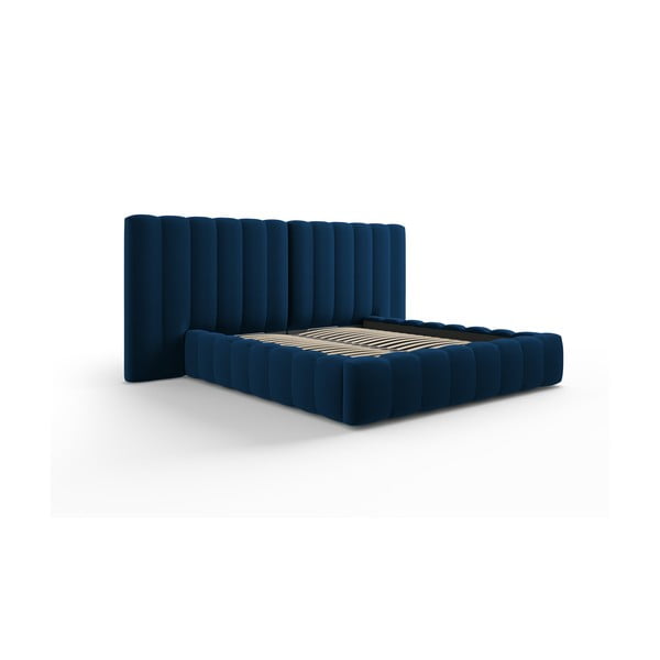 Tmavě modrá čalouněná dvoulůžková postel s úložným prostorem a roštem 160x200 cm Gina – Milo Casa