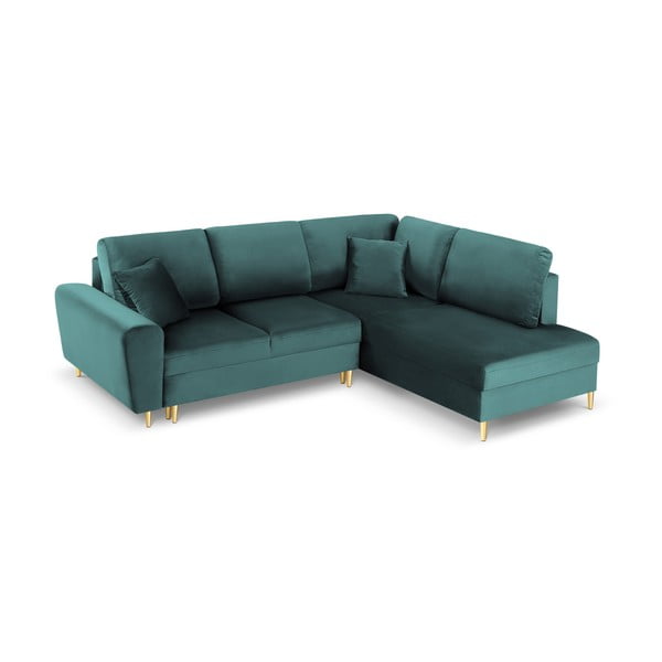 Sametová rozkládací/s úložným prostorem rohová pohovka v petrolejové barvě (pravý roh/do L) Kyoto – Cosmopolitan Design-image-1