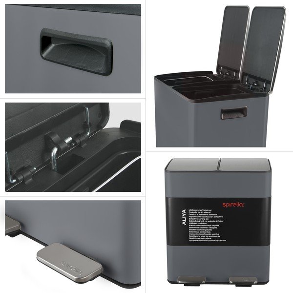 Tmavě šedý ocelový odpadkový koš 2x20 l na tříděný odpad/nášlapný   Aliya – Spirella-image-2