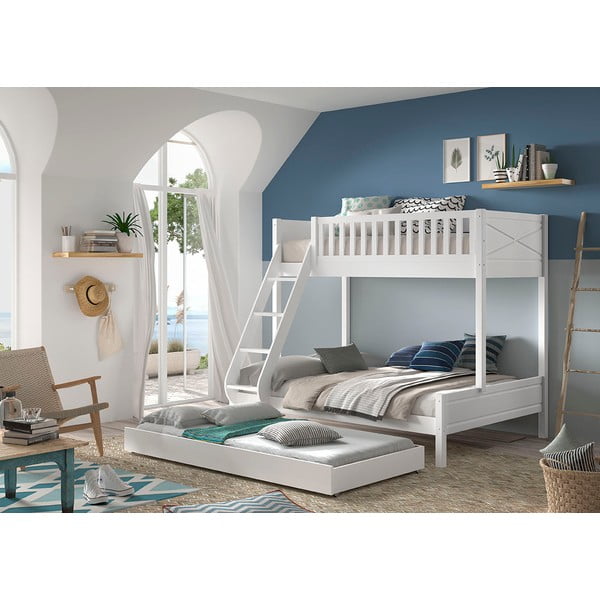 Bílá patrová dětská postel z borovicového dřeva s úložným prostorem 140x200/90x200 cm SCOTT – Vipack-image-1