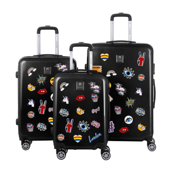 Sada 3 černých cestovních kufrů se sadou nálepek Berenice Stickers