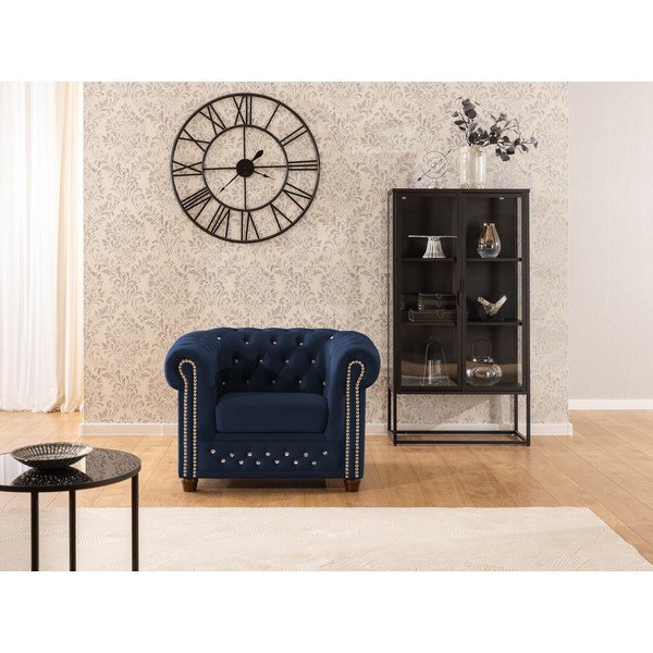 Modré sametové křeslo chesterfield York Blik – Ropez-image-1