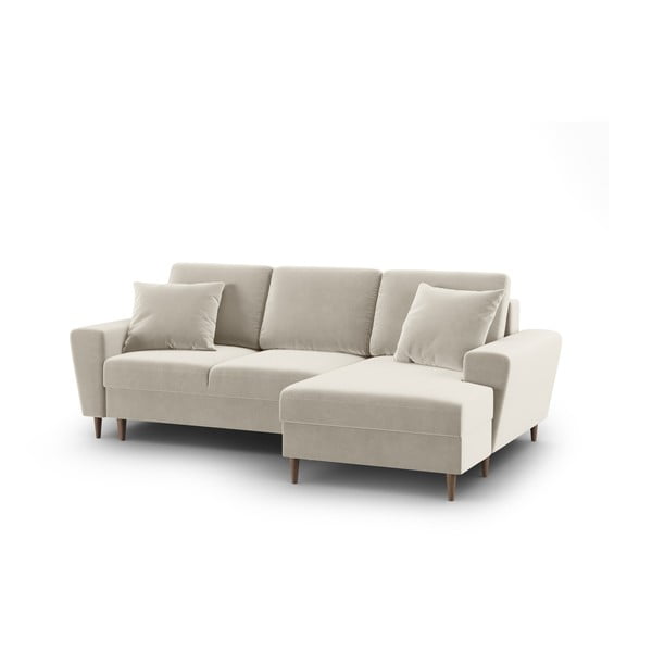 Béžová sametová rozkládací/s úložným prostorem rohová pohovka (pravý roh/s lenoškou) Kyoto – Cosmopolitan Design-image-1