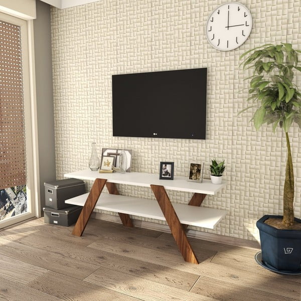 Bílý/přírodní TV stolek v dekoru ořechu 120x33 cm Basic – Kalune Design-image-3