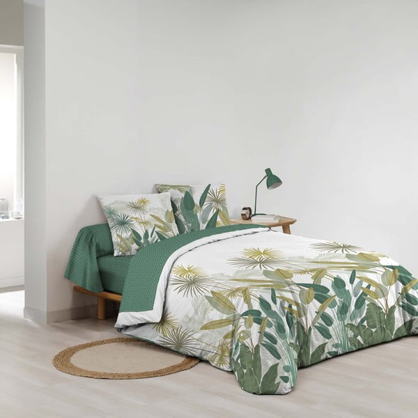 Bílé/zelené bavlněné povlečení na dvoulůžko/prodloužené s prostěradlem/6dílné 240x220 cm Otika – douceur d'intérieur