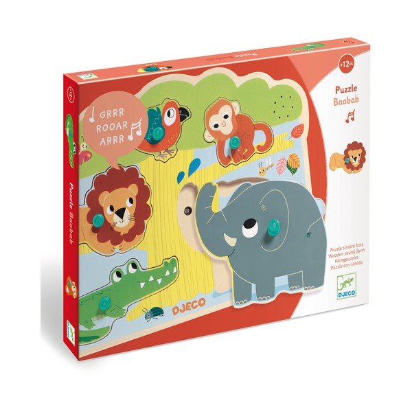 Dřevěné vkládací puzzle s motivy zvířátek z jungle se zvuky Djeco-image-3