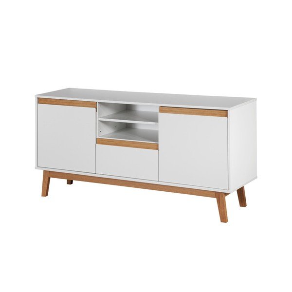 Bílá komoda s podnožím a dřevěnými detaily Dřevotvar Ontur 12-image-2