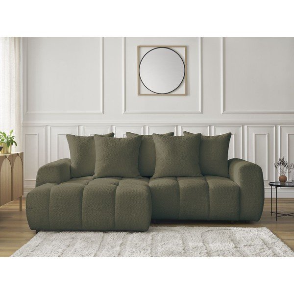 Khaki rozkládací/s úložným prostorem rohová pohovka z textilie bouclé (levý roh/s lenoškou) Roxelane – Bobochic Paris-image-1