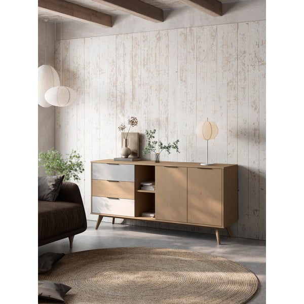 Nízká komoda z borovicového dřeva v přírodní barvě 165x81 cm Elfa – Marckeric-image-1