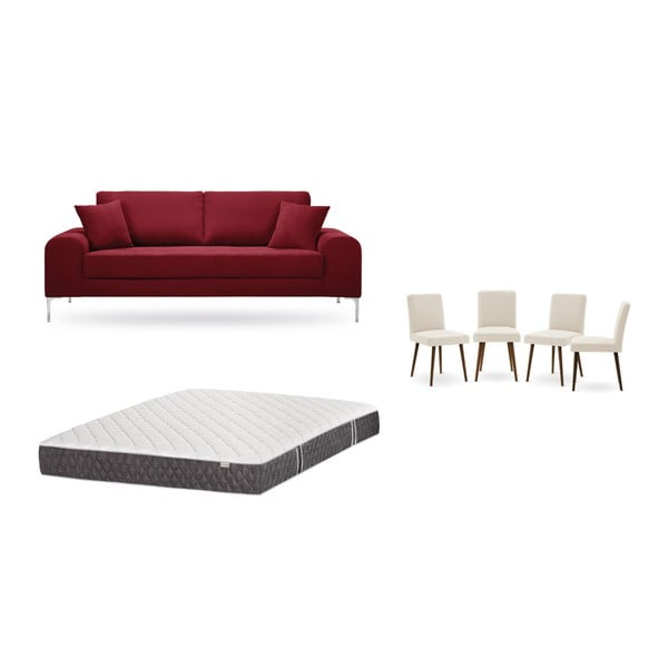 Set třímístné červené pohovky, 4 krémových židlí a matrace 160 x 200 cm Home Essentials