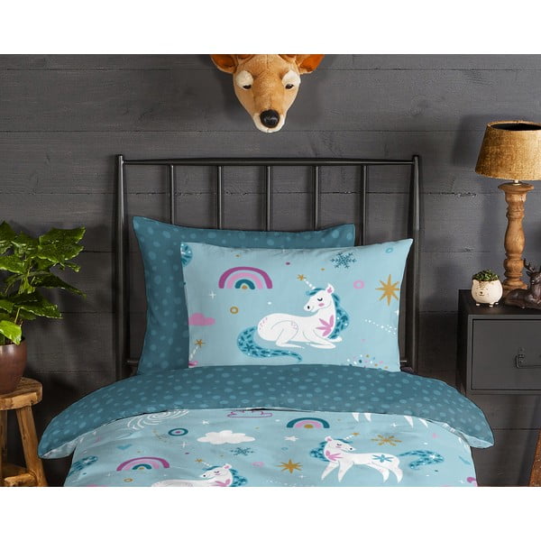 Modré flanelové dětské povlečení na jednolůžko/prodloužené 140x220 cm Snowycorn – Good Morning-image-2