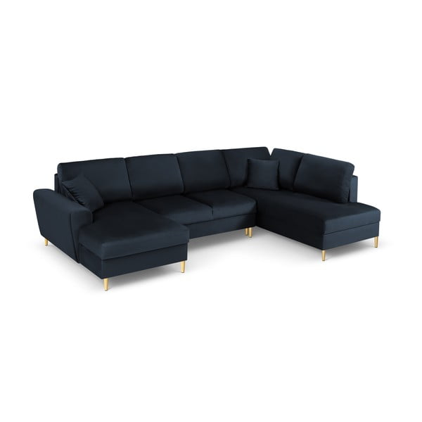 Tmavě modrá sametová rozkládací/s úložným prostorem rohová pohovka (pravý roh/do "U") Kyoto – Cosmopolitan Design-image-1
