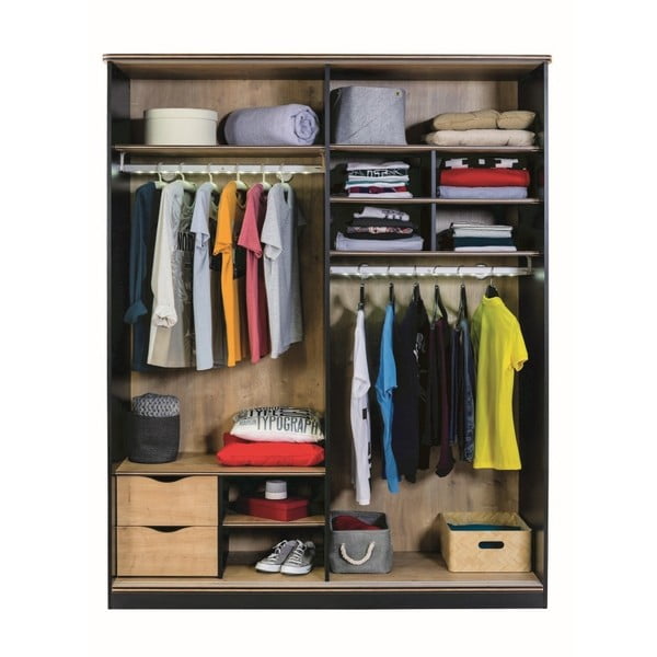 Černá šatní skříň s dveřmi v přírodní barvě Black Sliding Wardrobe-image-1