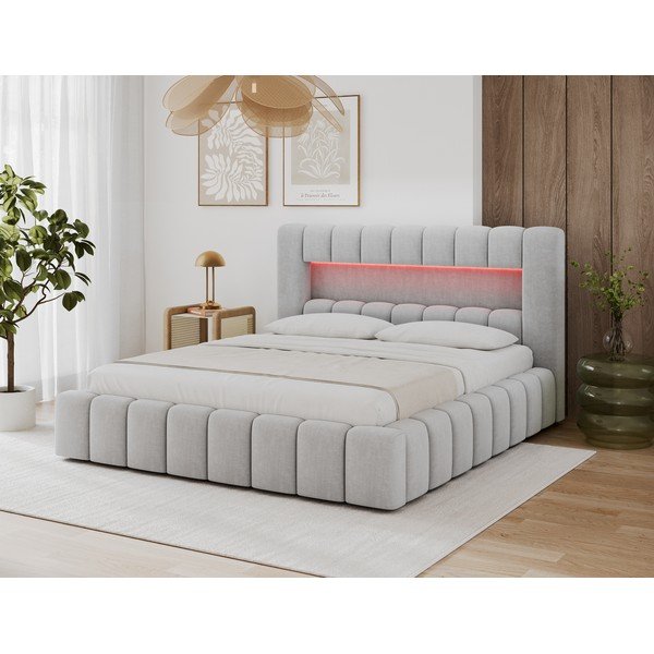 Světle šedá čalouněná dvoulůžková postel s úložným prostorem s roštem 140x200 cm Lamica – ELTAP-image-1