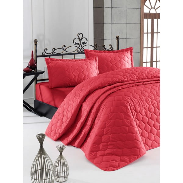 Červený přehoz přes postel s povlakem na polštář z ranforce bavlny EnLora Home Fresh, 180 x 225 cm