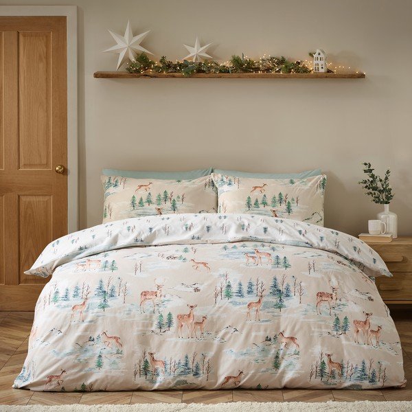 Flanelové povlečení na jednolůžko v přírodní barvě 135x200 cm Brushed Christmas Deer – Catherine Lansfield-image-2