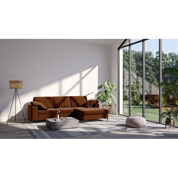 Tmavě oranžová sametová rozkládací rohová pohovka Ghado Moor, pravý roh-image-3