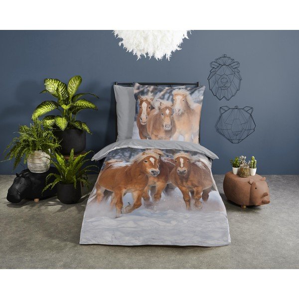 Šedé flanelové dětské povlečení na jednolůžko 140x200 cm Happy Horses – Good Morning-image-1