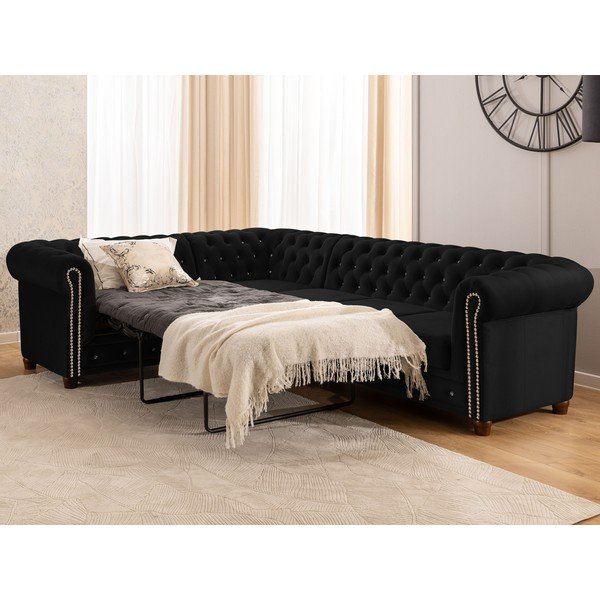 Černá sametová rozkládací rohová pohovka (levý roh/do L) York Blik – Ropez-image-1