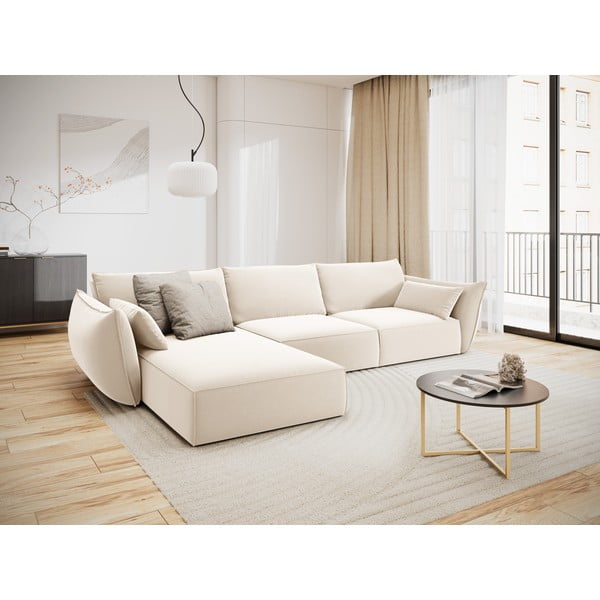 Béžová sametová rohová pohovka (levý roh/s lenoškou) Vanda – Mazzini Sofas-image-1