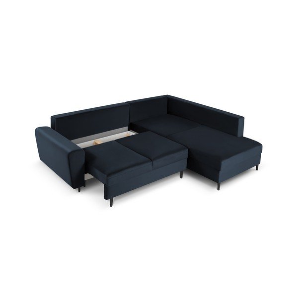 Tmavě modrá sametová rozkládací/s úložným prostorem rohová pohovka (pravý roh/do L) Kyoto – Cosmopolitan Design-image-3