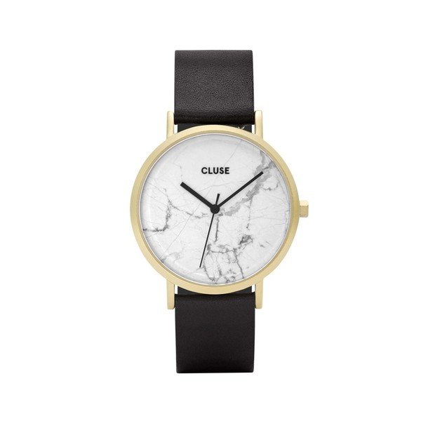 Dámské hodinky s černým koženým řemínkem a bílým mramorovým ciferníkem Cluse La Roche Star