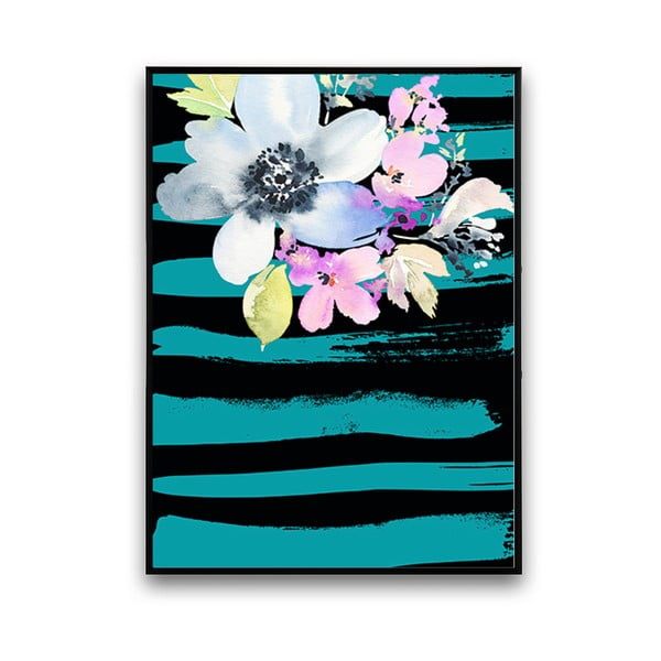 Plakát s květinami, tyrkysovo-černé pozadí, 30 x 40 cm