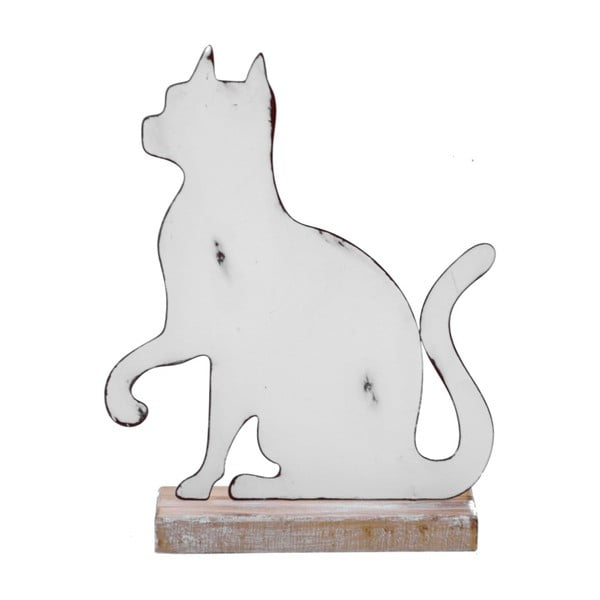 Velká bílá kovová Dekorace na dřevěném podstavci s motivem kočky Ego Dekor, 19,5 x 25 cm