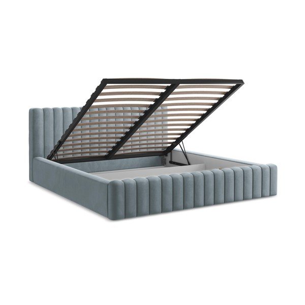 Světle modrá čalouněná dvoulůžková postel s úložným prostorem s roštem 160x200 cm Lemi – Makamii-image-3