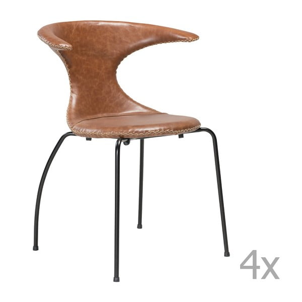 Sada 4 hnědých kožených jídelních židlí s černým kovovým podnožím DAN– FORM Flair