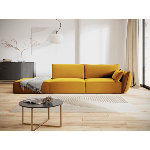 Sametová pohovka v hořčicové barvě pravý roh 264 cm Vanda – Mazzini Sofas-image-1