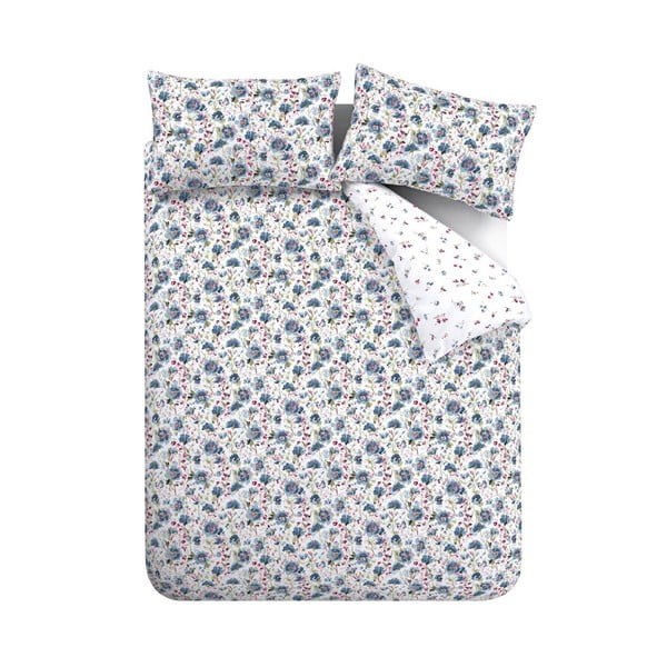 Bílo-modré flanelové prodloužené povlečení na dvoulůžko 230x220 cm Ophelia Floral – Bianca