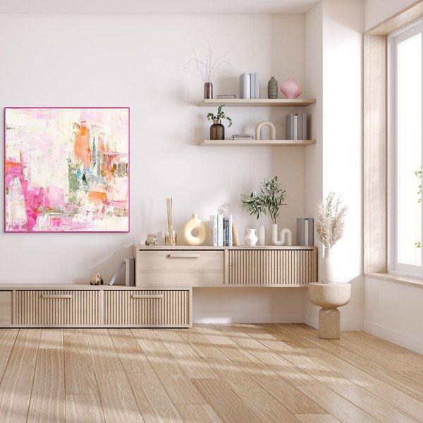 Tištěný/s ručně malovanými prvky obraz s rámem/na plátně 102x102 cm New Age Pink – Malerifabrikken-image-1