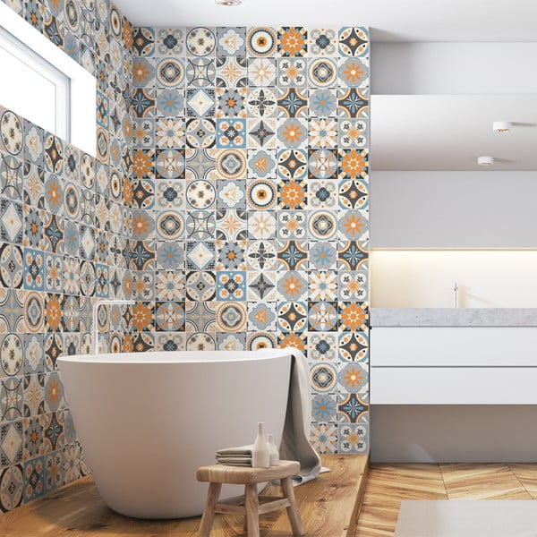 Sada 60 nástěnných samolepek Ambiance Wall Decal Cement Tiles Azulejos Vincinda, 10 x 10 cm