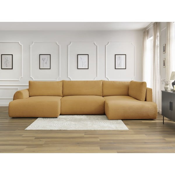 Manšestrová rozkládací/s úložným prostorem rohová pohovka v hořčicové barvě (pravý roh/do "U") Lucien – Bobochic Paris-image-1