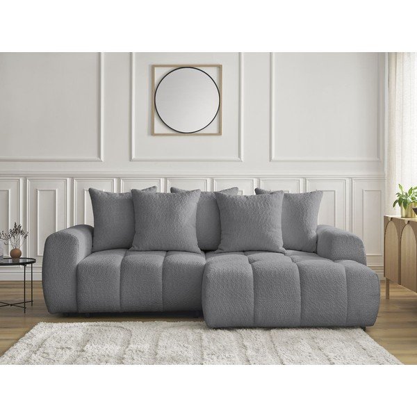 Šedá rozkládací/s úložným prostorem rohová pohovka z textilie bouclé (pravý roh/s lenoškou) Roxelane – Bobochic Paris-image-1