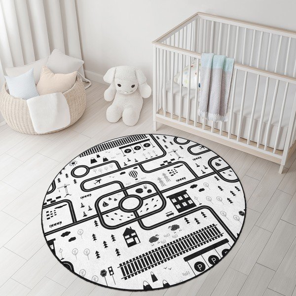 Černobílý pratelný dětský hrací koberec ø150 cm In My Town – Mila Home-image-3