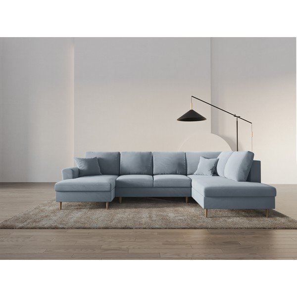 Světle modrá sametová rozkládací/s úložným prostorem rohová pohovka (pravý roh/do "U") Kyoto – Cosmopolitan Design-image-2