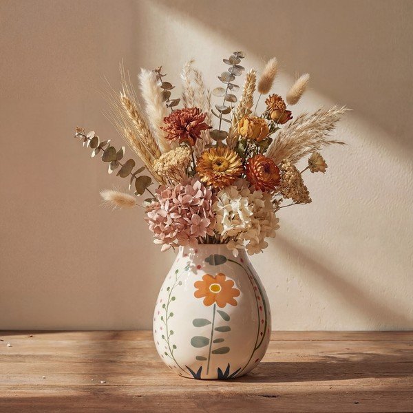 Krémová ručně malovaná váza z kameniny (výška 17 cm) Taza – Bloomingville-image-1