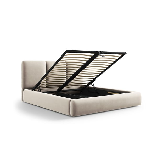 Krémová sametová čalouněná dvoulůžková postel s úložným prostorem s roštem 160x200 cm Brody – Mazzini Beds-image-3