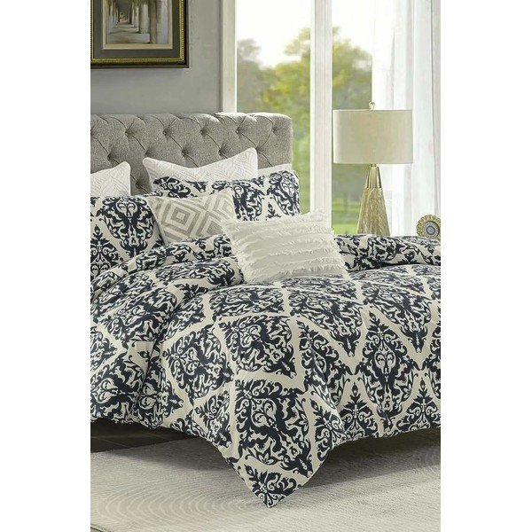 Černo-béžové 4dílné prodloužené povlečení na dvoulůžko s prostěradlem z bavlny Renforcé 200x220 cm Damask – Mila Home-image-1