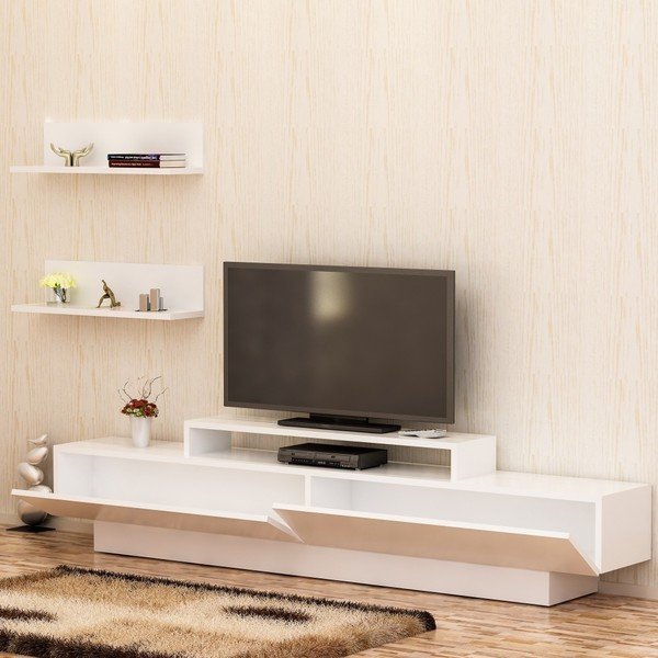 Set bílého TV stolku a 2 nástěnných polic Lucca TV White-image-3