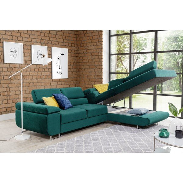 Zelená sametová rozkládací/s úložným prostorem rohová pohovka (pravý roh/do L) Anton – ELTAP-image-3