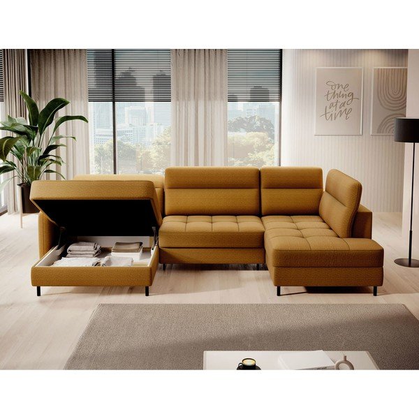 Žlutá sametová rozkládací/s úložným prostorem rohová pohovka (pravý roh/do "U") Berrto – ELTAP-image-3