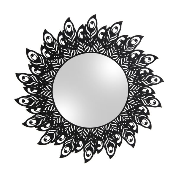Nástěnné zrcadlo s rámem v černé barvě PT LIVING Peacock Feathers, ø 60 cm