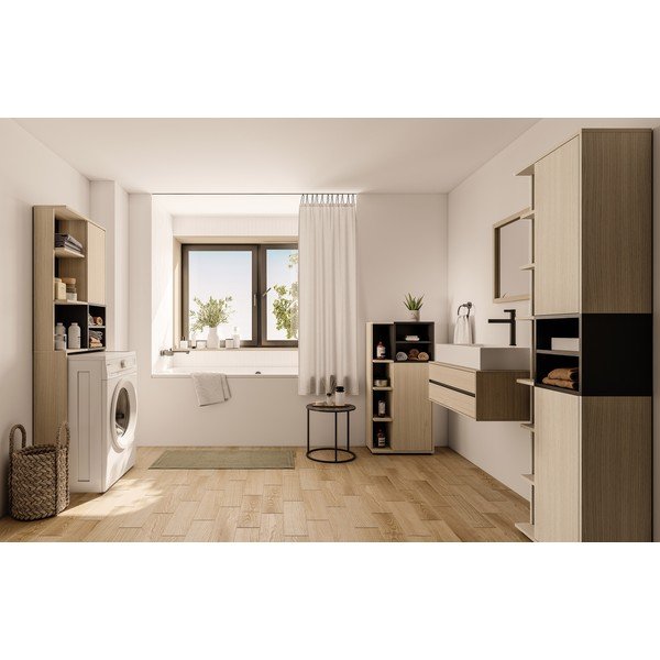 Černá vysoká koupelnová skříňka v dekoru dubu nad pračku/toaletu 64x179 cm Kube - TemaHome-image-1