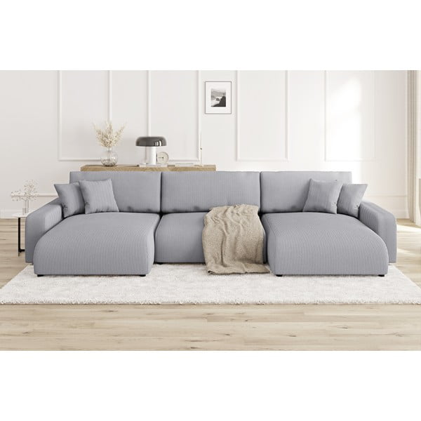 Světle šedá manšestrová rozkládací/s úložným prostorem rohová pohovka Sara – Ropez-image-1